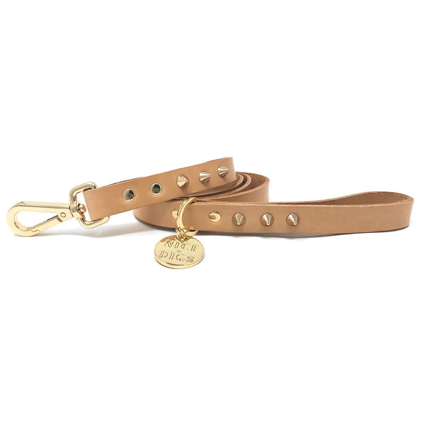 Smooth Spike Leather Collar and Leash set - Gold Tan