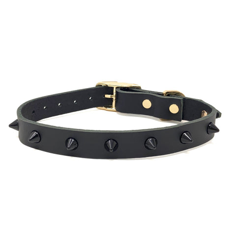 Smooth Spike Leather Collar and Leash set - Black Noir